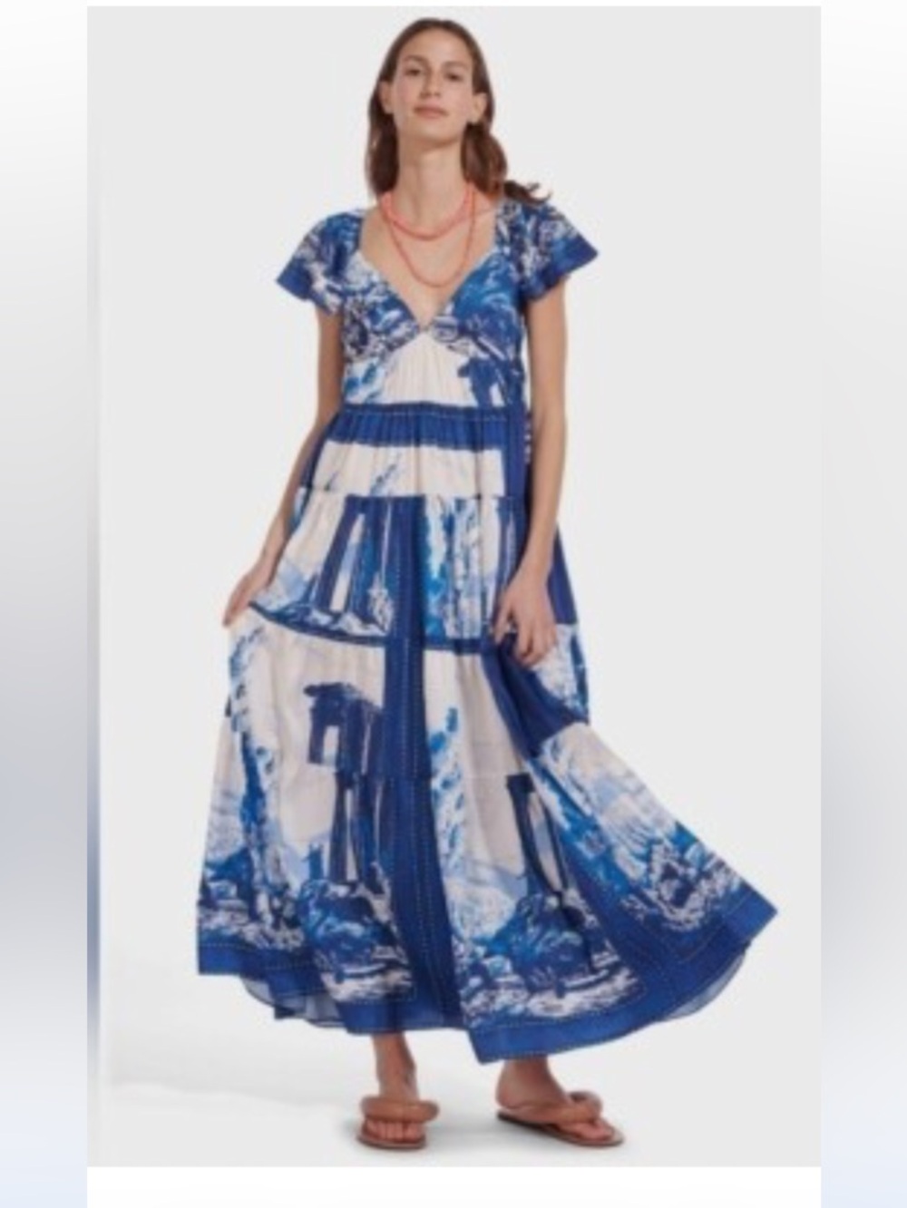 STAUD Blue & White Scenic Tiered Maxi Dress